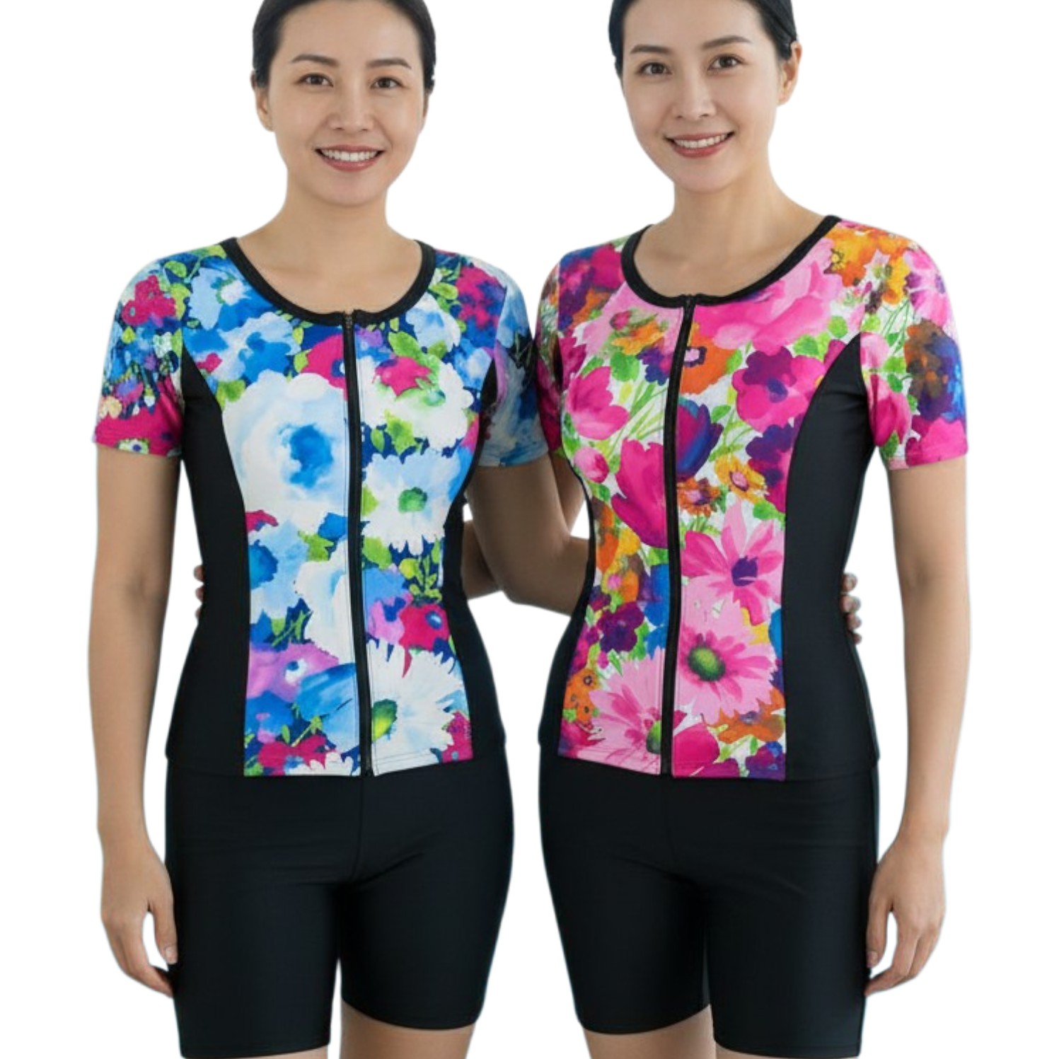 NEW 綺麗な柄の フィットネス水着 半袖 レディス 女性用 婦人 水着 花 ピンク 水色 ブルー リゾート スイミング 水中ウォーキング ノーマル 柄物 プリント 母の日 贈答 敬老の日 クリスマス プレゼント 日本製 M L LL