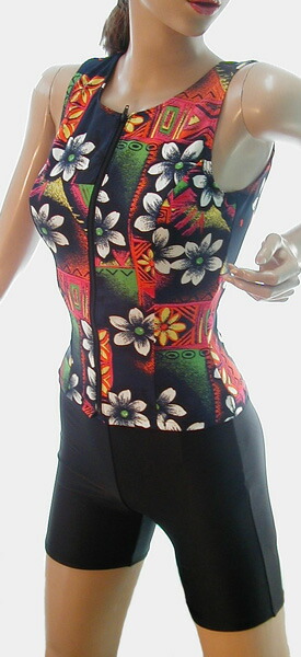 フィットネス水着 水中ウォーキングなどに適したセパレート水着 オープンファスナーなので 脱着が楽々 動きのあるおしゃれなプリントが爽やかでスポーティ トップは水着としてだけでなく スポーツ フィットネスにもご利用いただけます