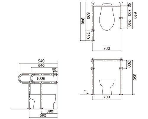 HILOGIC ハイロジック バリアフリー手摺 洋式トイレ用左勝手 38mm バフ研磨|ECJOY!店