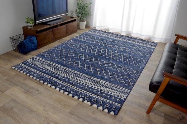 イケヒコ トルコ製 ウィルトン織カーペット 北欧調ラグ ネイビー 約200×250ｃｍ