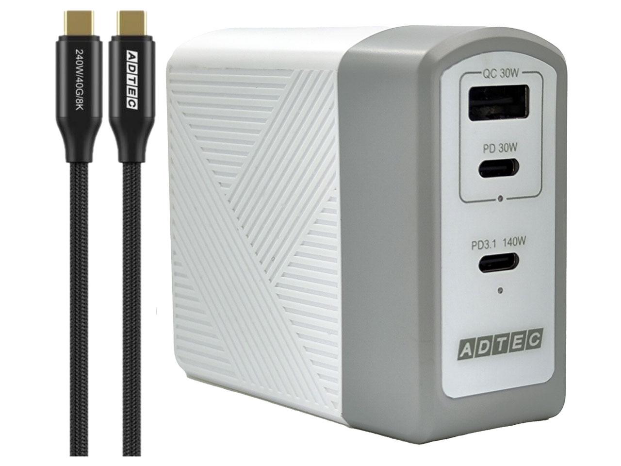 ADTEC 居住地テック Power Delivery 3.1相応う GaN AC申し受ける器/140W/USB Type-C 2界面 Type-A 1界面/白いこと ＆ Type-C to C有線テレビ仕掛ける【APD-A140AC2-wC24-WH】