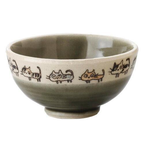 カネ三 散歩猫飯碗・緑 (K4380)【入数:3】