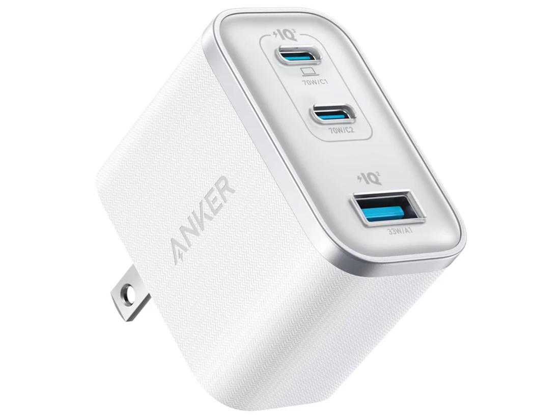 ANKER 船掛かり A121AN21 手っとり早い申し受ける器 Anker Nano Charger (70W、3Ports)  白いこと A121AN21 [3界面 /USB Power Delivery相応う /GaN(窒化ガリウム) やとい入れる]