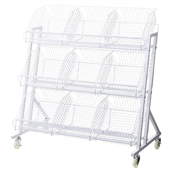 傾斜ジャンブルバスケット3段白 W90cm 61-797-65-1 【店舗什器 ワゴン什器 多段式ワゴン 傾斜ジャンブルバスケット 3段 白】【ECJ】