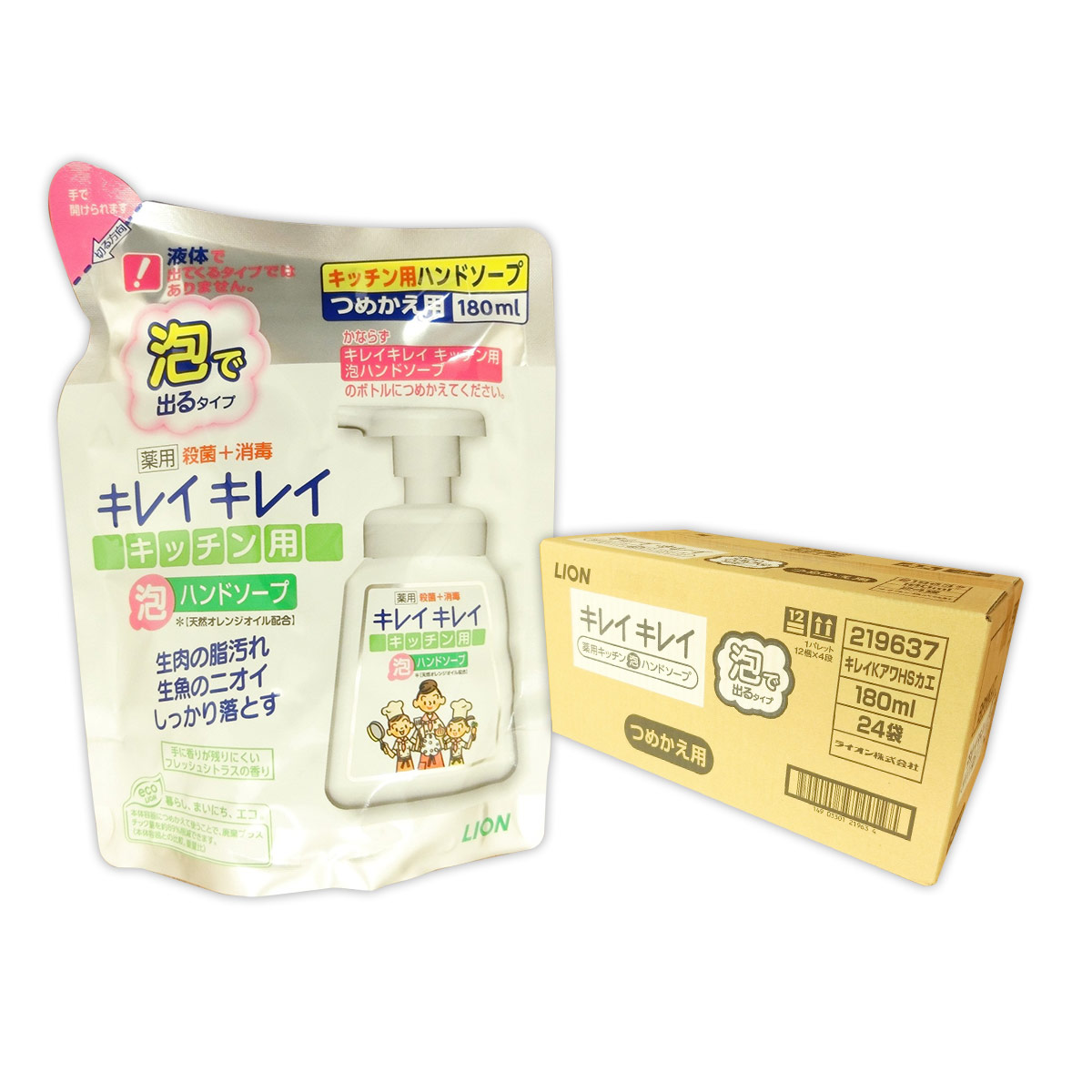 キレイキレイ 薬用 勝手もと 泡御手手石ケン つめかえ用 180ml × 24容器に並べる 【百獣の王 LION 100大いさ】【219637 kzh】