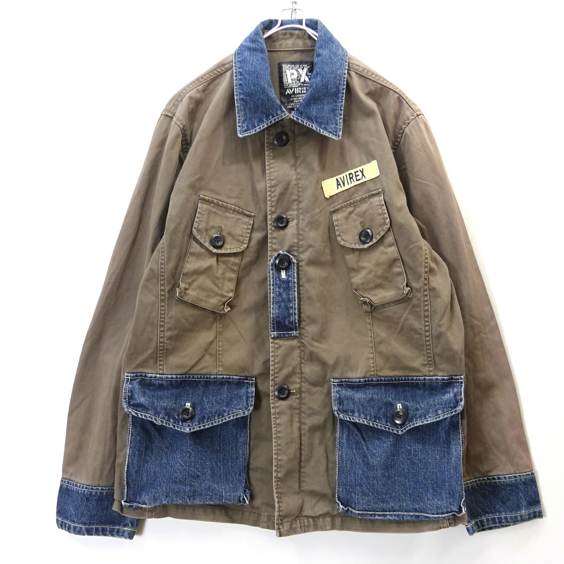 AVIREX ミリタリージャケット XL デニム切替 ダメージ加工 カーキ AVIREX ミリタリージャケット XL デニム切替 ダメージ加工 カーキ