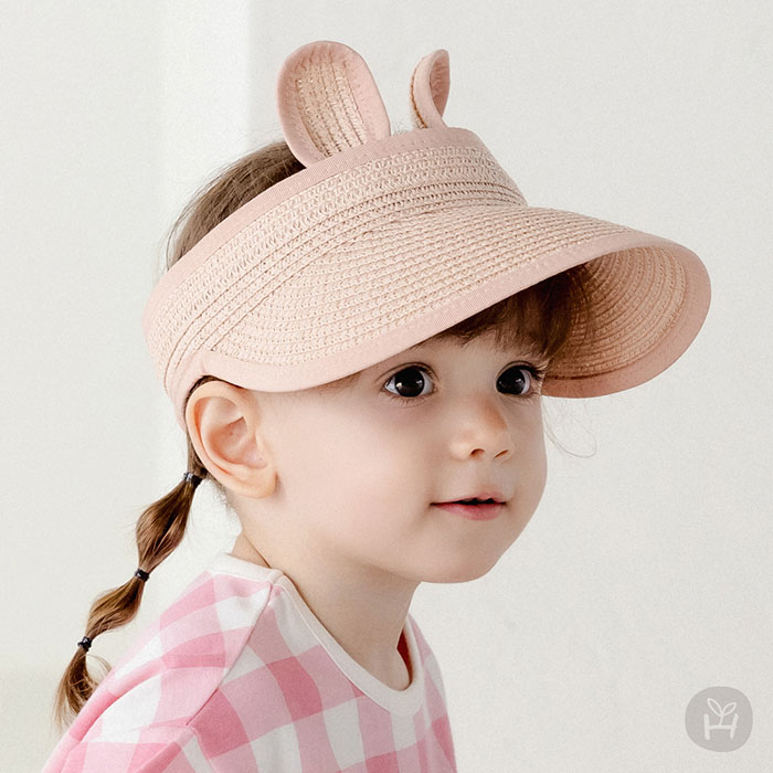Straw hat Sun Visor Hat with bunny ears, for babies and kids, ages 0, 1, 2, girls, beige pink, Happy Prince