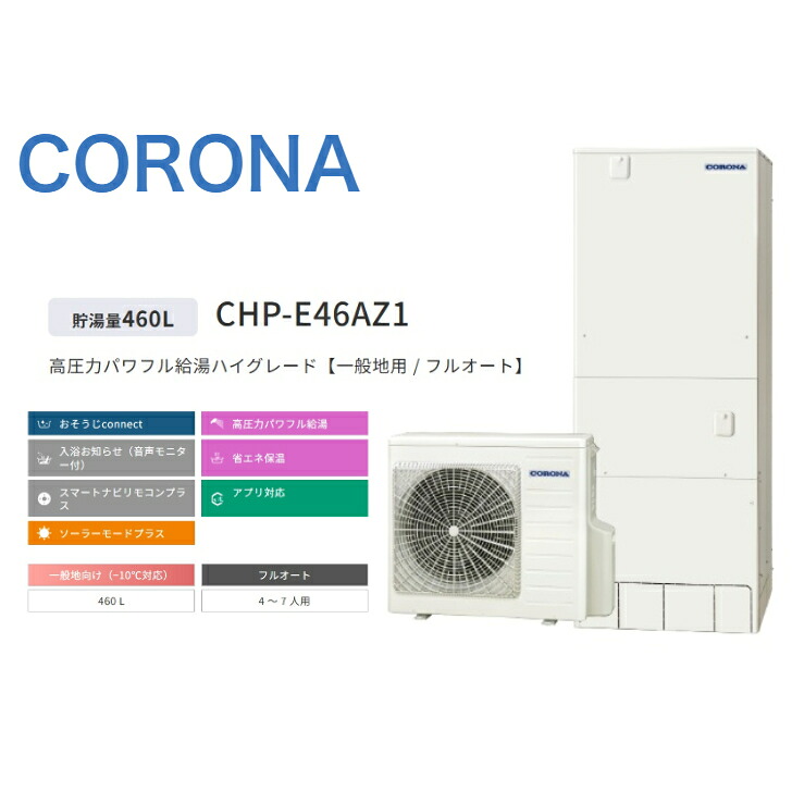【CHP-E46AZ1】コロナ エコキュート 無線LAN対応リモコン・脚部カバー別 フルオート 460L 角型 高圧 CTU-E46AZ1 +RBP-GADW1(S)+CTU-FC29｜エコ番長 店
