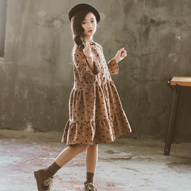 ドット柄ワンピース 長袖 ジュニア ゆったり ティアード 子供服 長袖