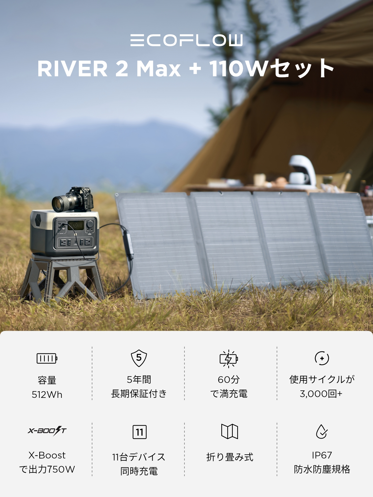 ポータブル電源 ソーラーパネル セット RIVER Max 512Wh 110W リン酸鉄