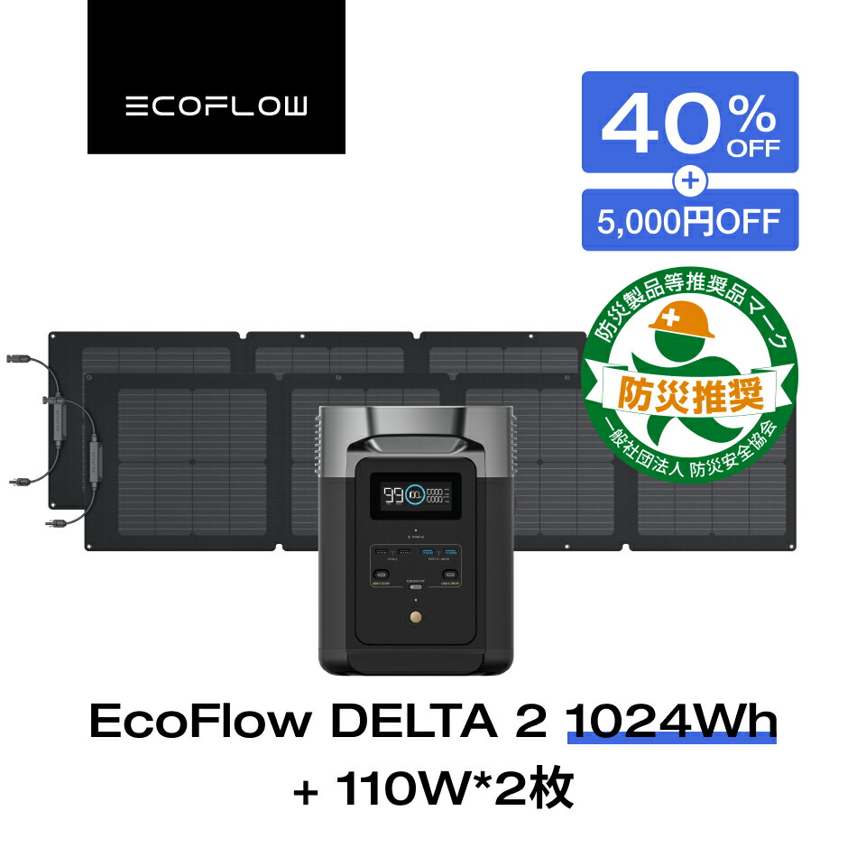 楽天市場】EcoFlow ポータブル電源 ソーラーパネルセット DELTA 2 1024Wh+160Wセット リン酸鉄 大容量 家庭用 蓄電池 発電機  長寿命 太陽光発電 急速充電 車中泊 キャンプ アウトドア 停電 台風 節電 防災 エコフロー : EcoFlow公式楽天市場店