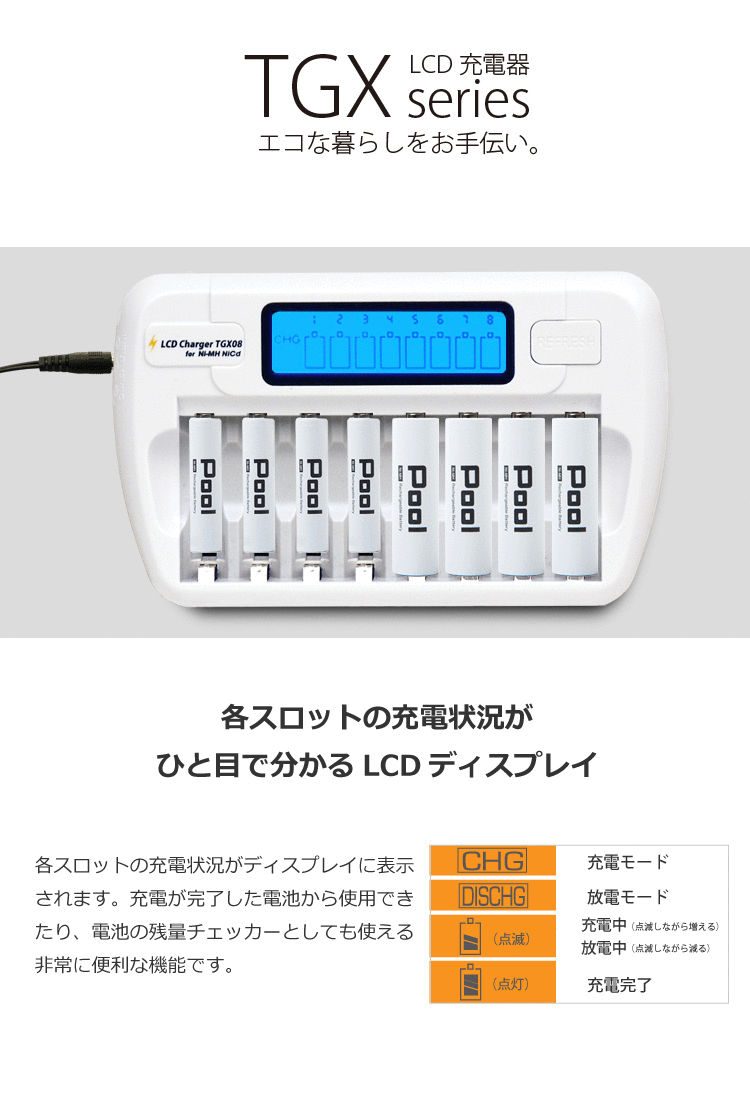 楽天市場 充電器 エネループ 充電器 エネロング 充電池 8本用 完全放電した電池も充電出来る 0v充電対応 高性能充電 Lcdディスプレイ Tgx08 ニッケル水素電池 充電池 充電器 充電池 単3 単4 兼用宅配便送料無料 トナリの雑貨店