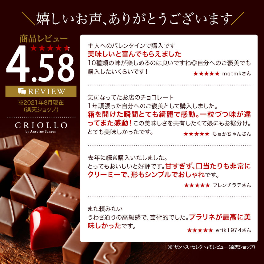 楽天市場 クリスマス お歳暮 ギフト プレゼント チョコレート サントスセレクト 10粒入り詰め合わせ 冷蔵便 お取り寄せグルメ 高級 チョコセット チョコ詰め合わせ 1粒ハート型 チョコレート詰め合わせセット ブランド かわいい お洒落 有名パティシエ 感謝 クリオロ
