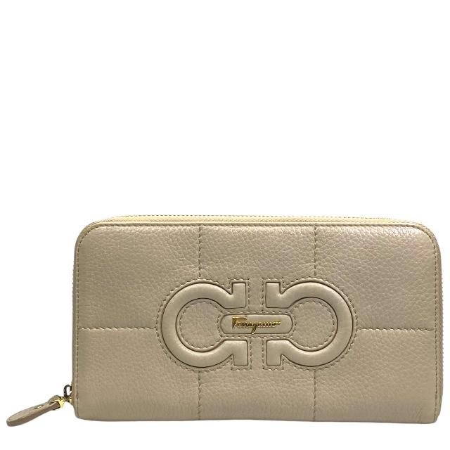 Salvatore Ferragamo フェラガモ ダブルガンチーニ 長財布 財布 ロングウォレット ラウンドファスナー ロゴ レザー ベージュ