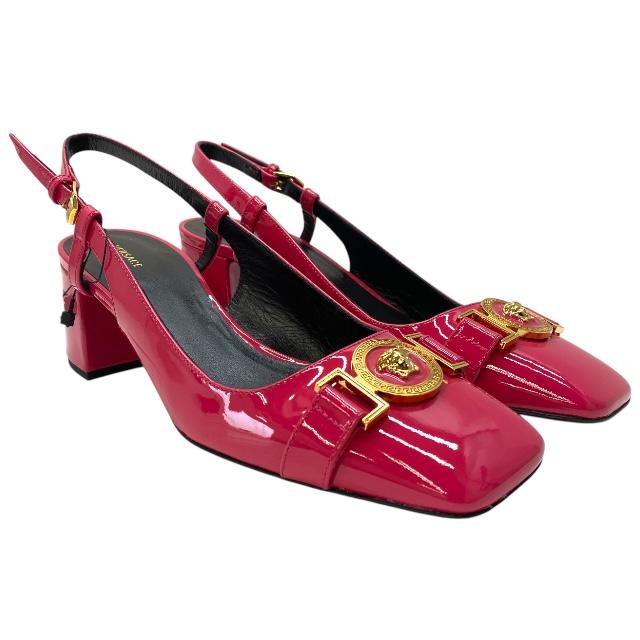 【新品】VERSACE ヴェルサーチェ パンプス ヒール ミュール スクエアトゥ エナメル ピンク [サイズ 37 (約24.7cm)]