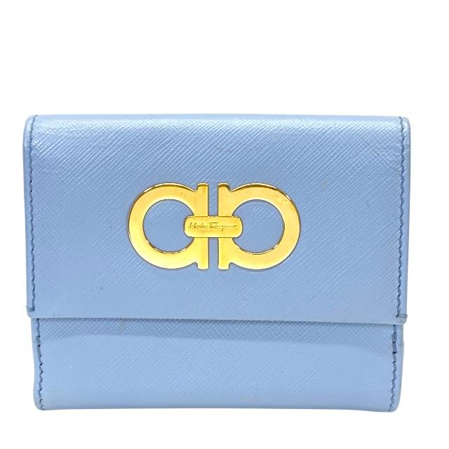 Salvatore Ferragamo フェラガモ ダブルガンチーニ 財布 二つ折り財布 折り財布 コンパクトウォレット ロゴ レザー ライトブルー系