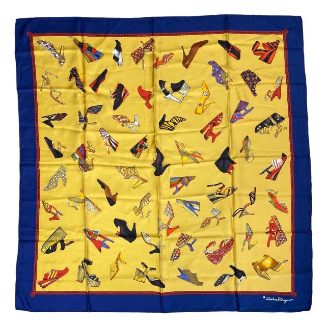 【美品】フェラガモ　総柄　スカーフ　サンダル　パリ　シルク　100　大判 美品】フェラガモ 総柄 スカーフ サンダル パリ シルク 100 大判