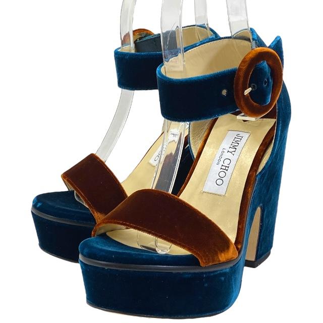 【未使用】JIMMY CHOO ジミーチュウ パンプス ヒール シューズ オープントゥ ベロア ネイビー ブラウン [サイズ 36 1/2 (約23.5cm)]