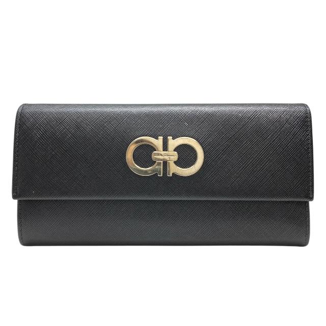 Salvatore Ferragamo フェラガモ 22-7121 0335289 ガンチーニ 二つ折り 長財布 財布 ロングウォレット レザー ブラック シルバー