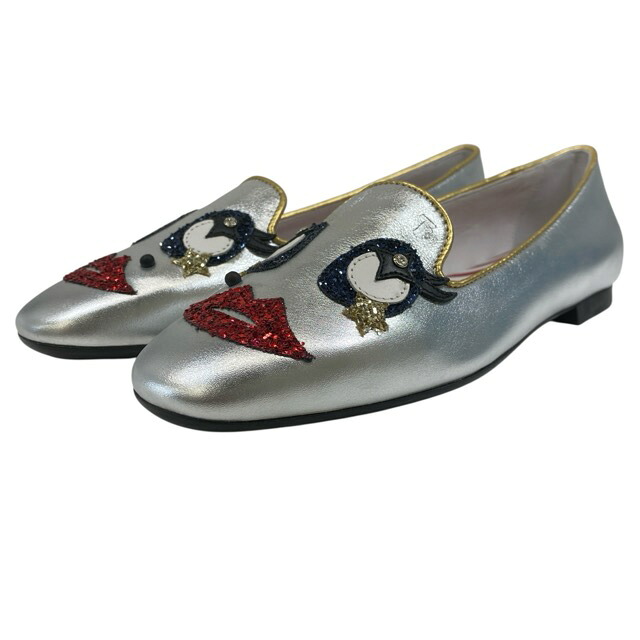 トッズ トッズサーカス フラットシューズ パンプス オペラシューズ 顔 メタリック レザー ラメ シルバー TOD'S[サイズ 34 1/2(約21.5cm)]