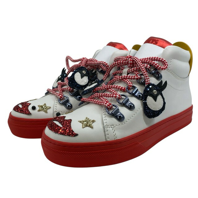 トッズ トッズサーカス ハイカットスニーカー シューズ 靴 デコレーション 顔 ラメ ホワイト レッド TOD'S[サイズ 34 1/2(約21.5cm)]｜ブランドショップ　ＳＥＮＳＥ