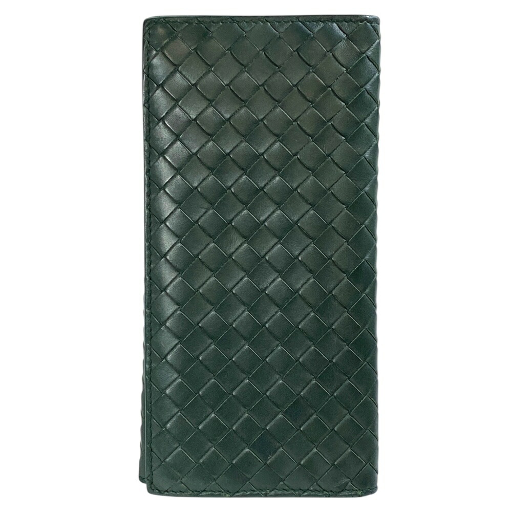 ボッテガ ヴェネタ イントレチャート 二つ折り 長財布 札入れ レザー グリーン 120697 V 4651 3203 BOTTEGA VENETA メンズ 中古 洗練 編み込み 上質感 薄型 大人向け