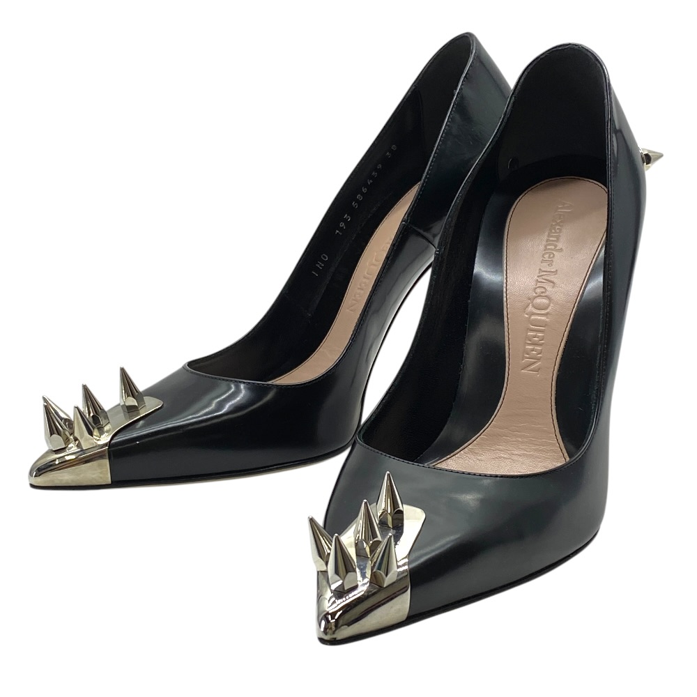 美品 アレキサンダーマックイーン スパイクパンプス メタルトゥ スタッズ ブラック シルバー Alexander McQueen [サイズ38(約24.5cm)] 洗練 上品 エレガント 高級感 モード 主役級｜ブランドショップ　ＳＥＮＳＥ