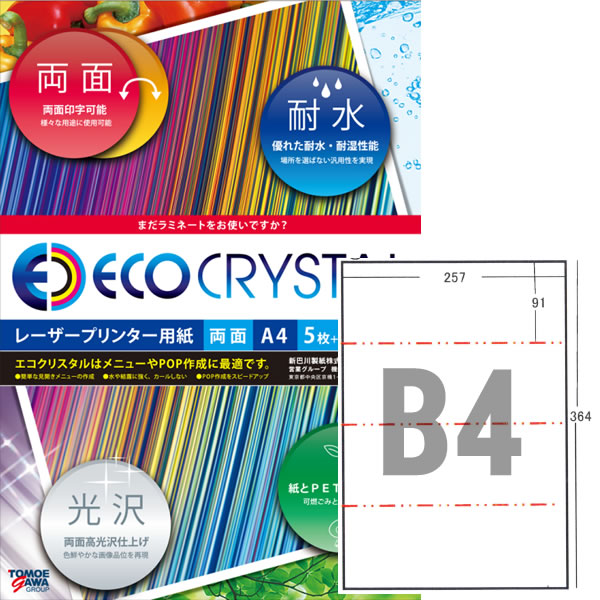 エコクリスタルペーパー レーザ印刷工用耐水紙 B4（B5二分の一×4面） 250枚【TWD210A-B5G】