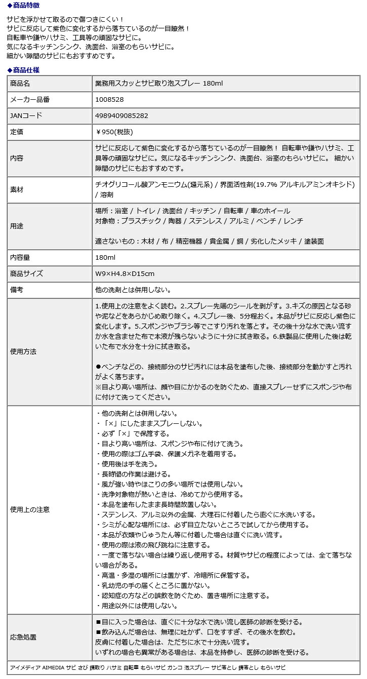 市場 アイメディア さび 錆取り ハサミ サビ 業務用スカッとサビ取り泡スプレー 180ml 1008528 AIMEDIA