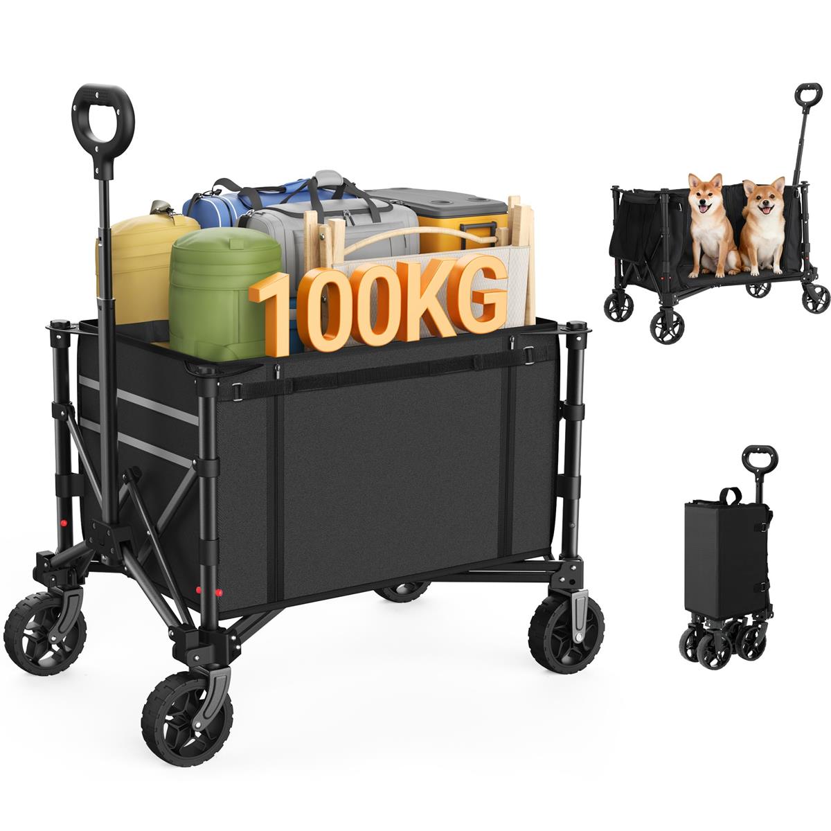 Raynesys キャリーワゴン アウトドアワゴン 耐荷重100kg 大容量120L キャンプカート ワンタッチ収束 折り畳み式 自立収納 静音 キャンプ/砂浜/釣り/引越し/買い物/ゴミ出し 収納カバー付き Black