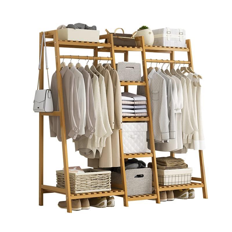 Regibelieハンガーラック パイプハンガーラック 物干しスタンド 洋服ラック 洋服ハンガー 天然竹製 ワードローブ コート掛け 衣類収納 頑丈 大容量 省スペース 組立簡単 (130*40*140cm, 木色)｜ECプライム