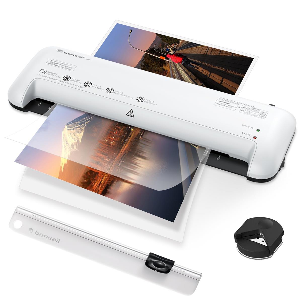 bonsaii ラミネーター A3/A4/B5/はがき/名刺サイズ対応 80/100μmフィルム対応 ウォームアップ時間3-4分 気泡なし 波打防止 簡単操作 家庭用 業務用 軽量 3点セット【PSE認証済】ホワイト L309-A