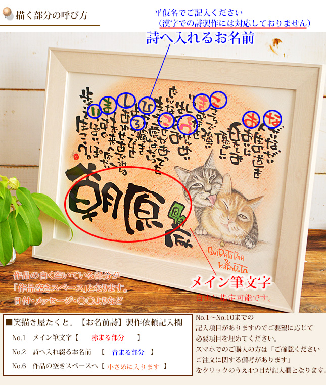 笑描き屋たくと 手描きイラスト入り A3名前 動物 筆文字 可愛い 母の日 詩 猫 メモリアル 記念日 鳥 友人 病院 美容院 家族 お祝い 絵 犬 誕生日 結婚記念日 女 友達 ギフト プレゼント アート 手書き 新築祝い 結婚祝い ペット 名前ポエム ポエム