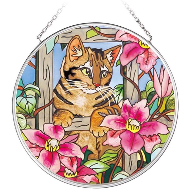 楽天市場 ステンドグラス 吊り型 ネコ 花 On The Fence サンキャッチャー パネル ボード 飾り ねこ 猫 アクセサリーと雑貨のお店 Ecru
