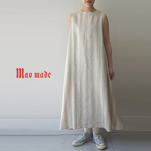 【50％オフ・セール】マオメイド mao made ワンピース ワンピ ノースリーブ Aライン フレアー ビッグ ストライプ 日本製 リネン シルク 麻 絹 レディース