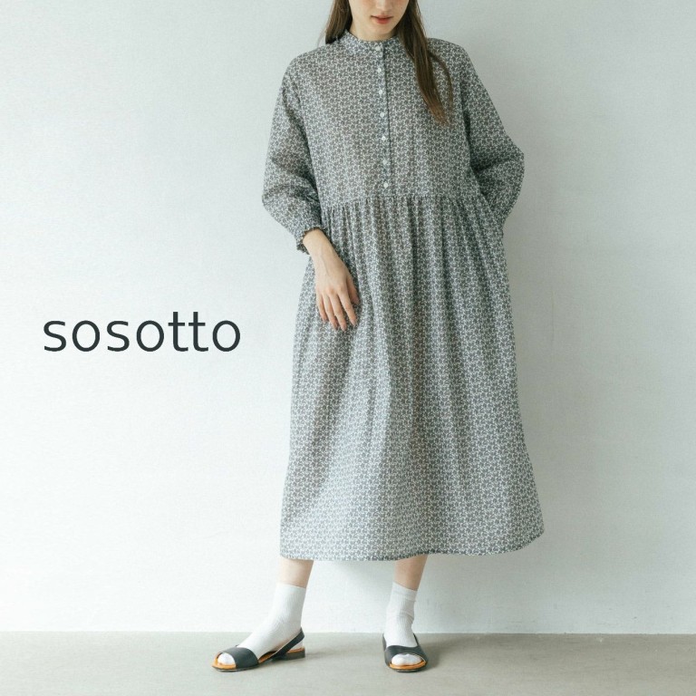 【15％オフ・クーポン対象】sosotto ソソット ワンピース ロング リバティ プリント スタンドカラー バンドカラー ウエスト 切り替え ギャザー 入り プルオーバー コットン タナローン 綿 100% 日本製 2026年春夏物