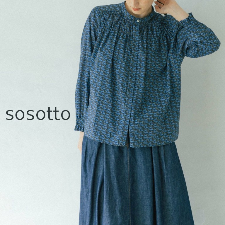 【15％オフ・クーポン客体】sosotto ソソット トップ プルオーバー リバティ 刷り上げる 長袖 チビ 丸襟 予防医学 シャーリング 比翼仕立てもの 綿 100% タナ貸し付け金 日本製 2026年春夏物