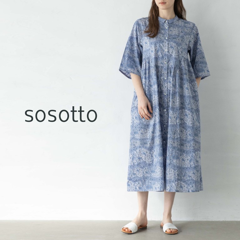 【16％オフ・クーポン対象】sosotto ソソット ワンピース リバティ プリント チビ襟 ヨーク 切り替え ギャザー 6分袖 日本製 タナ ローン コットン 綿 100% 2026年春夏物｜エクル　店