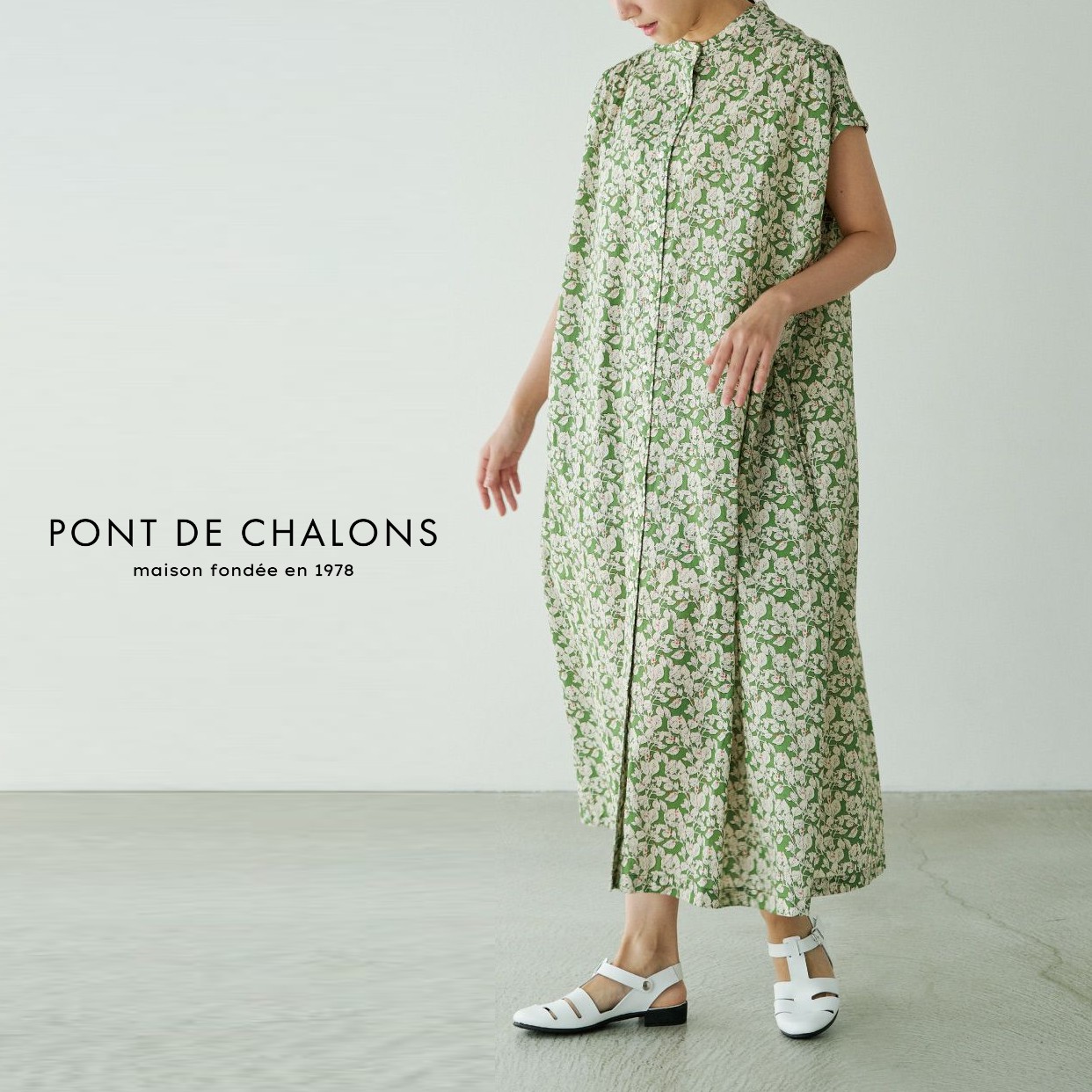 【15％オフ・クーポン客体】PONT DE CHALONS ポンデシャロン 衣裳 ロング ティーシャツ衣裳 シャツワンピ 定番 岩礁 刷り上げる 照明ランプ色合い プチスリーブ フレンチ衣袂 綿織物 貸し付け金 綿 100%