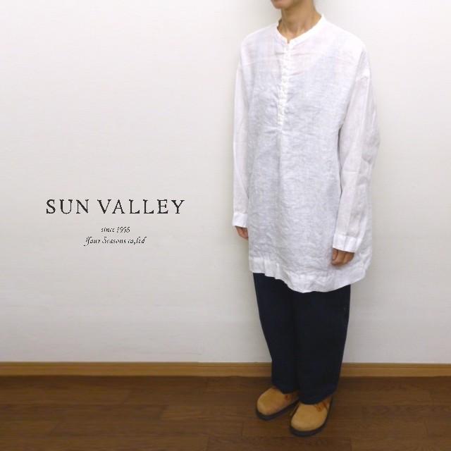 【20%オフ・クーポン対象】サンバレー SUNVALLEY チュニック シャツ 多ボタン スタンドカラー バンドカラー ヘンリーネック リネン 麻 100% 平織り 日本製品染め レディース 2026年春夏の新色入荷|エクル 店
