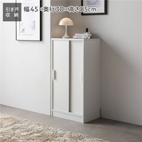 直送・代引不可 スリム 収納棚 キャビネット 約幅45×奥行30cm ホワイト 木目なし 引き戸 可動棚 背面なし リビング収納 キッチン収納 収納家具 別商品の同時注文不可