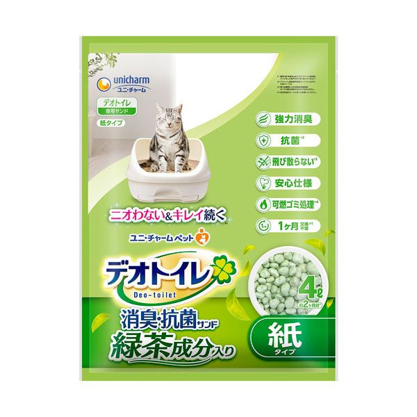 直送・代引不可 (まとめ）ユニ・チャーム デオトイレ 飛び散らない緑茶成分入り消臭サンド 4L 1パック【×5セット】 別商品の同時注文不可
