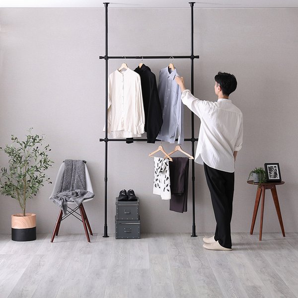 直送・代引不可 つっぱりハンガーラック 2段 約幅120cm ブラック【代引不可】 別商品の同時注文不可