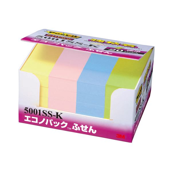 直送・代引不可 （まとめ） 3M ポストイット エコノパック 強粘着ふせん 75×25mm パステルカラー4色 5001SS-K 1パック（20冊） 【×2セット】 別商品の同時注文不可