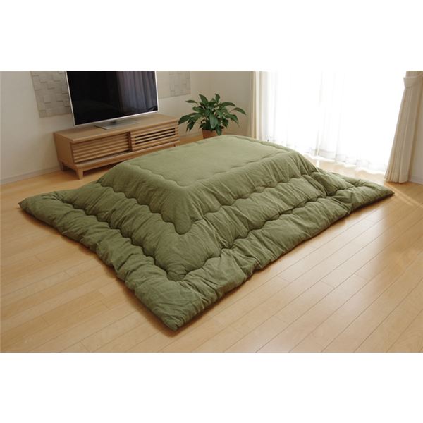 直送・代引不可 こたつ布団 【単品 正方形 つむぎ調 グリーン 約205×205cm】 厚掛けタイプ 洗える 表地：綿100％ 〔リビング ダイニング〕【代引不可】 別商品の同時注文不可