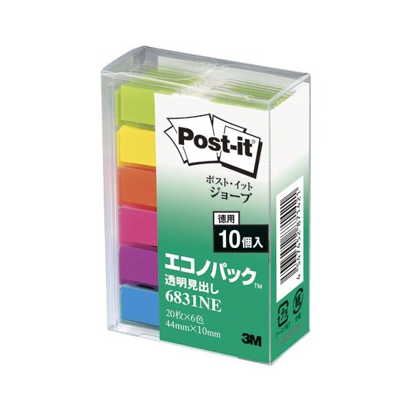 直送・代引不可 （まとめ） 住友スリーエム ポストイット(R) ジョーブ 透明見出し エコノパック(TM)製品 6831NE 混色6色 10個入 【×3セット】 別商品の同時注文不可