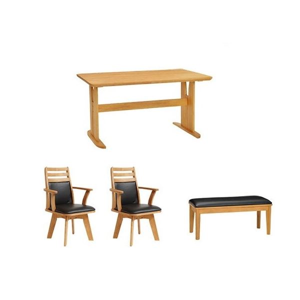 直送・代引不可 ダイニング 4点セット ダイニングテーブルセット 回転チェア ベンチ テーブル幅135cm 木製 ブラッシング加工 ナチュラル NA 組立品【代引不可】 別商品の同時注文不可