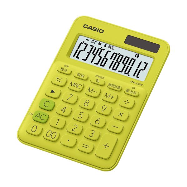直送・代引不可 (まとめ) カシオ カラフル電卓 ミニジャストタイプ12桁 ライムグリーン MW-C20C-YG-N 1台 【×10セット】 別商品の同時注文不可