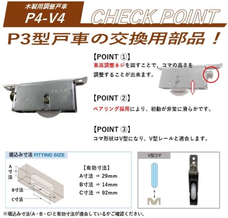 あす楽対応 家研販売 KAKEN P4-V4 PP 木製引戸用 調整戸車 P4型 中付け用 中付用 即納 資材 建具 在庫 錠 金物 チープ P4V4  戸車