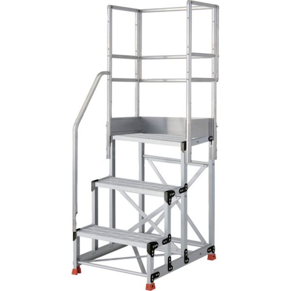 【個数：1個】ＴＲＵＳＣＯ TSFGR-3675-TKS250 直送 代引不可・他メーカー同梱不可 アルミ製作業用踏台 グレーチングタイプ 3段 高さ0．75m 天板寸法600×400 段高250mm 階段片手すり天場三方付き TSFGR3675TKS2